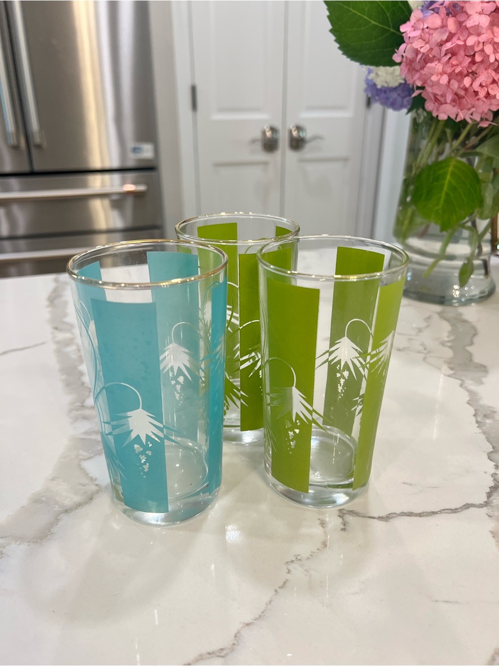 EUC Vintage Bartlett Collins Aqua/green palm highball glasses MCM set of 3